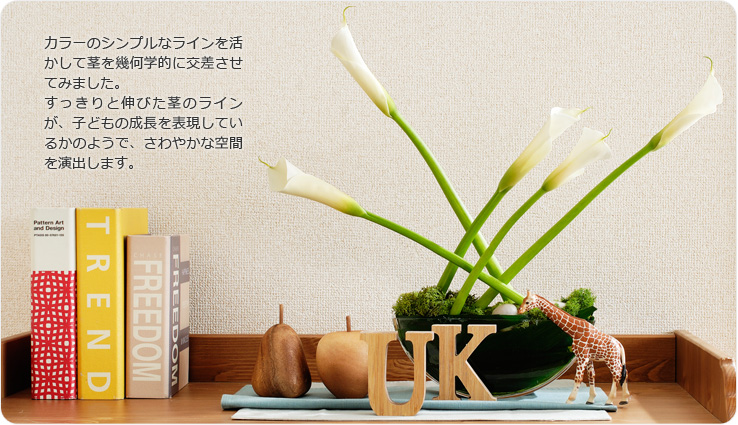 カラーのシンプルなラインを活かして茎を幾何学的に交差させてみました。すっきりと伸びた茎のラインが、子どもの成長を表現しているかのようで、さわやかな空間を演出します。