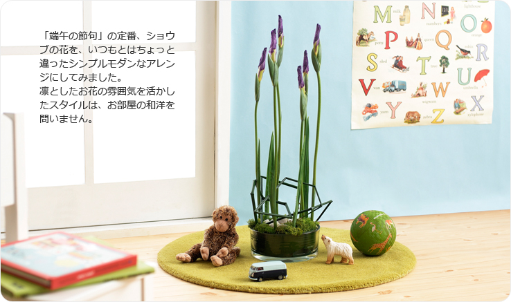 「端午の節句」の定番、ショウブの花をいつもとはちょっと違ったシンプルモダンなアレンジにしてみました。凛としたお花の雰囲気を活かしたスタイルはお部屋の和洋を問いません。